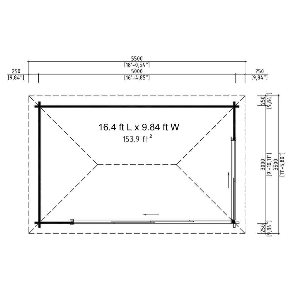 Architectural plan of GardenHouse24 USA Pavilion ALU 44C Garden Room shows a rectangular 153.9 sq ft layout with measurements and door placement