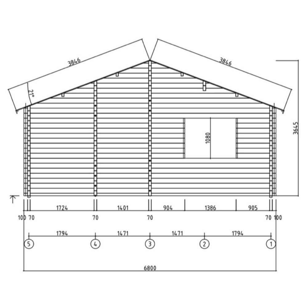 Architectural side elevation blueprint outlines measurements and roof pitch of the Sawmill Structures The Sunbeam Lakehouse 70mm Garden Room
