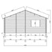 Architectural side elevation blueprint outlines measurements and roof pitch of the Sawmill Structures The Sunbeam Lakehouse 70mm Garden Room