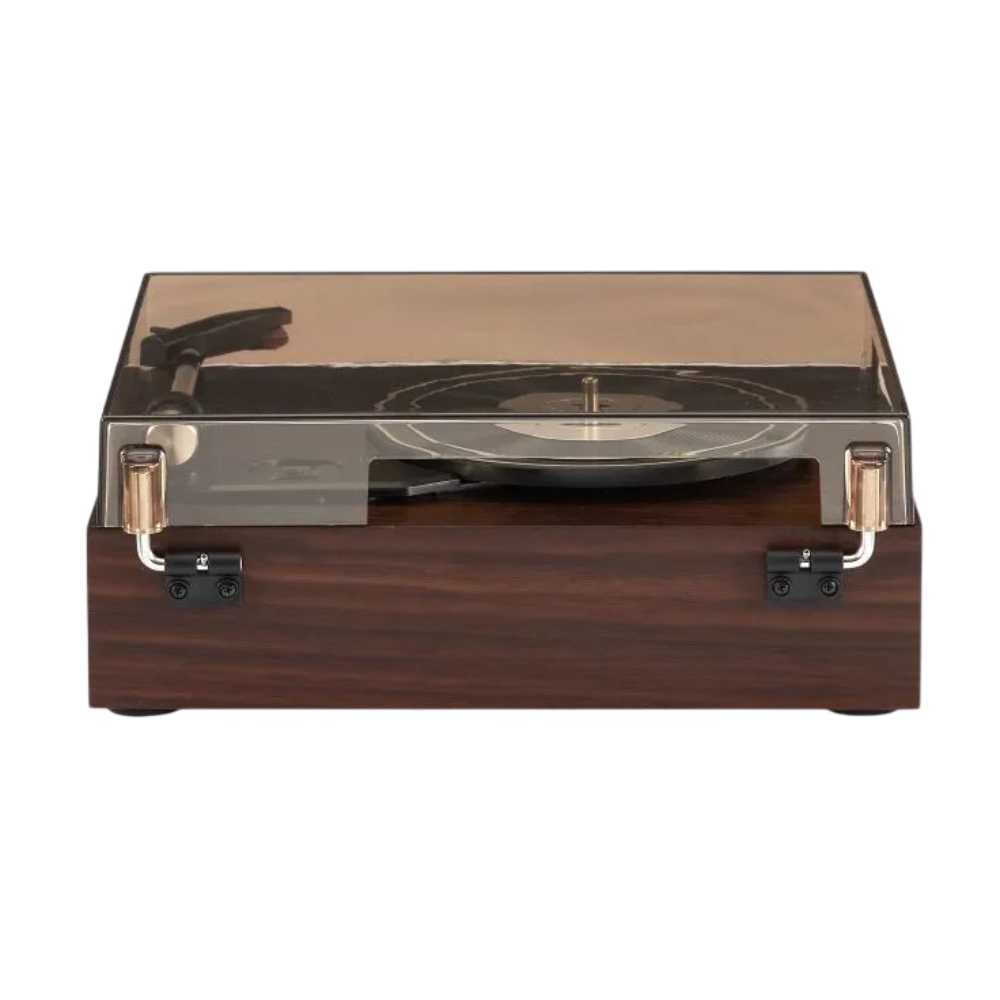 A rear view of the Crosley Scout Turntable - Walnut highlights the clear dust cover with sturdy hinges and a natural woodgrain body