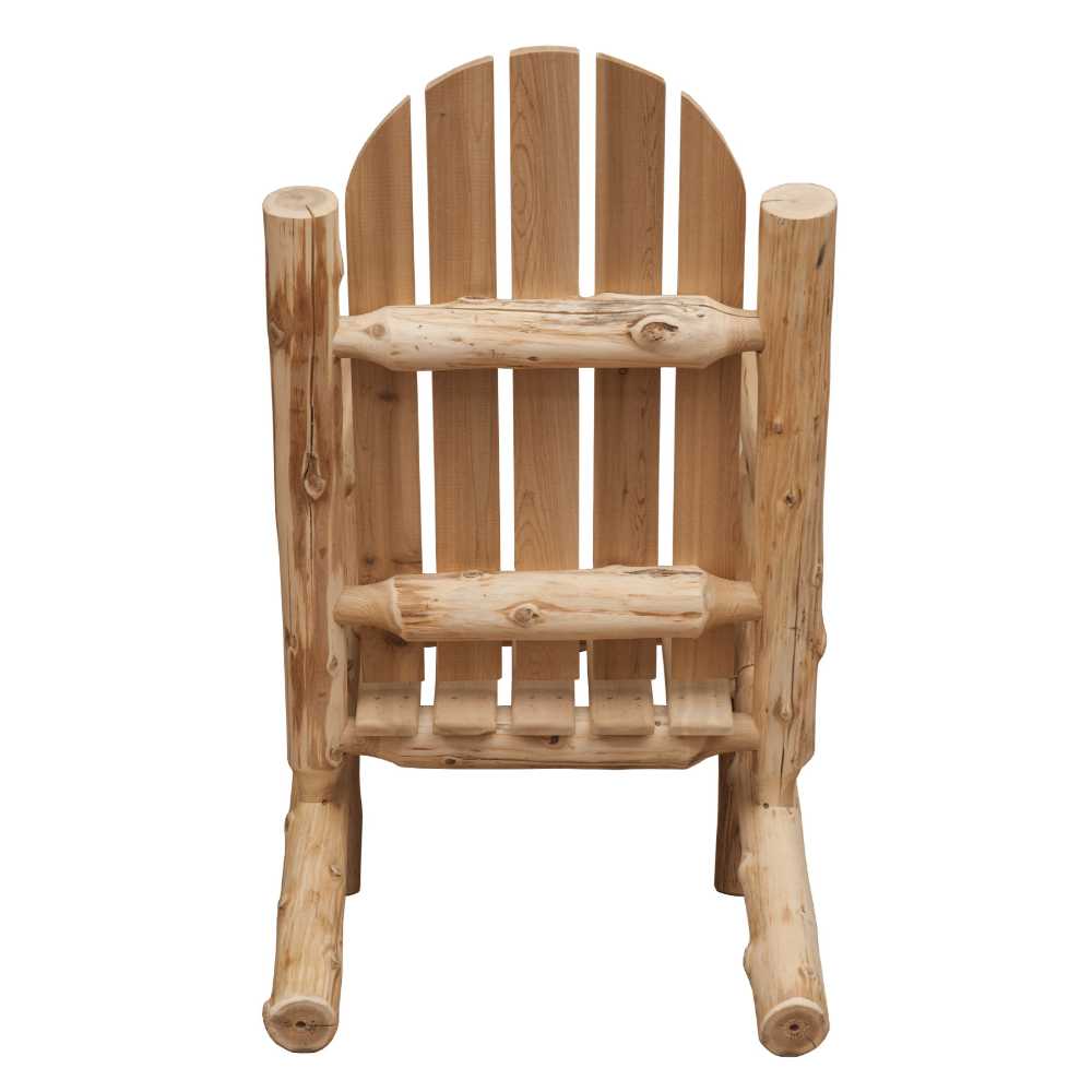 A rear view of the Fireside Lodge Voyageur Adirondack Chair, emphasizing its solid log support structure and rustic handcrafted charm