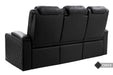 A rear view of the Valencia Oslo Luxury Console Edition Home Theater Seating shows its clean black design and padded back panels