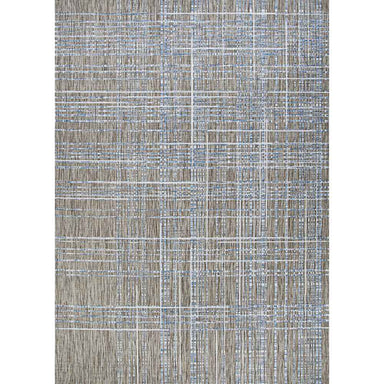 A rectangular Couristan Charm Indoor/Outdoor Rug - Ohe/Sand-Ivory is shown flat with a modern plaid-like design in sand, ivory, and cool tones