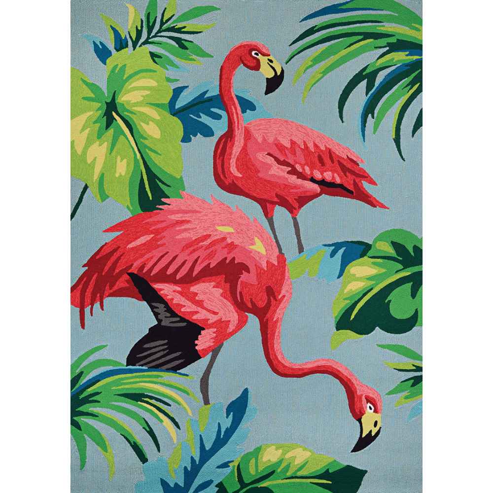A rectangular Couristan Covington Indoor/Outdoor Rug - Flamingos/Multi design displays two flamingos surrounded by large tropical leaves