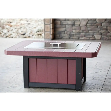 A rectangular outdoor fire table with a sleek  LuxCraft Rectangle Stainless Steel Burner Cover top.