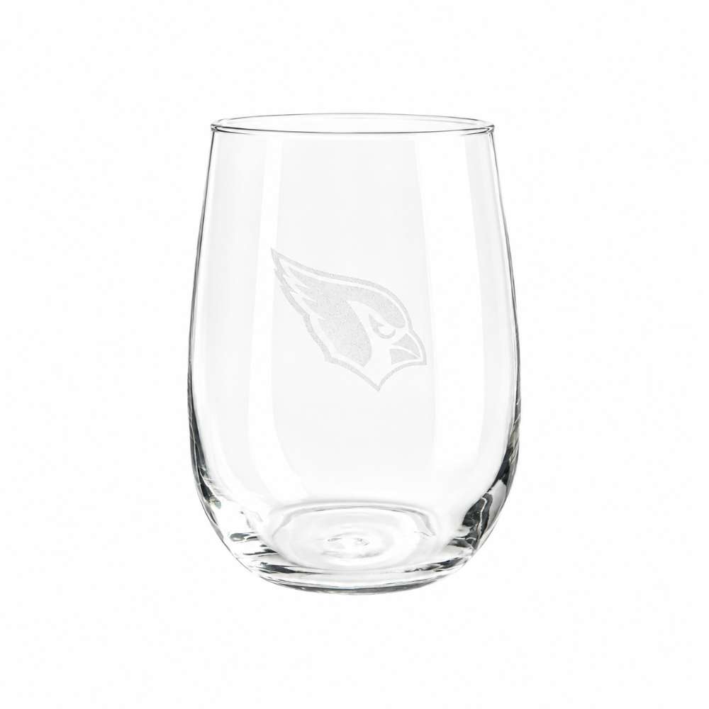 Arizona Cardinals Crate & Barrel NFL Aspen 17oz Stemless Wine Glass, Set of 4 features a clear stemless glass etched with the Cardinals bird-head logo