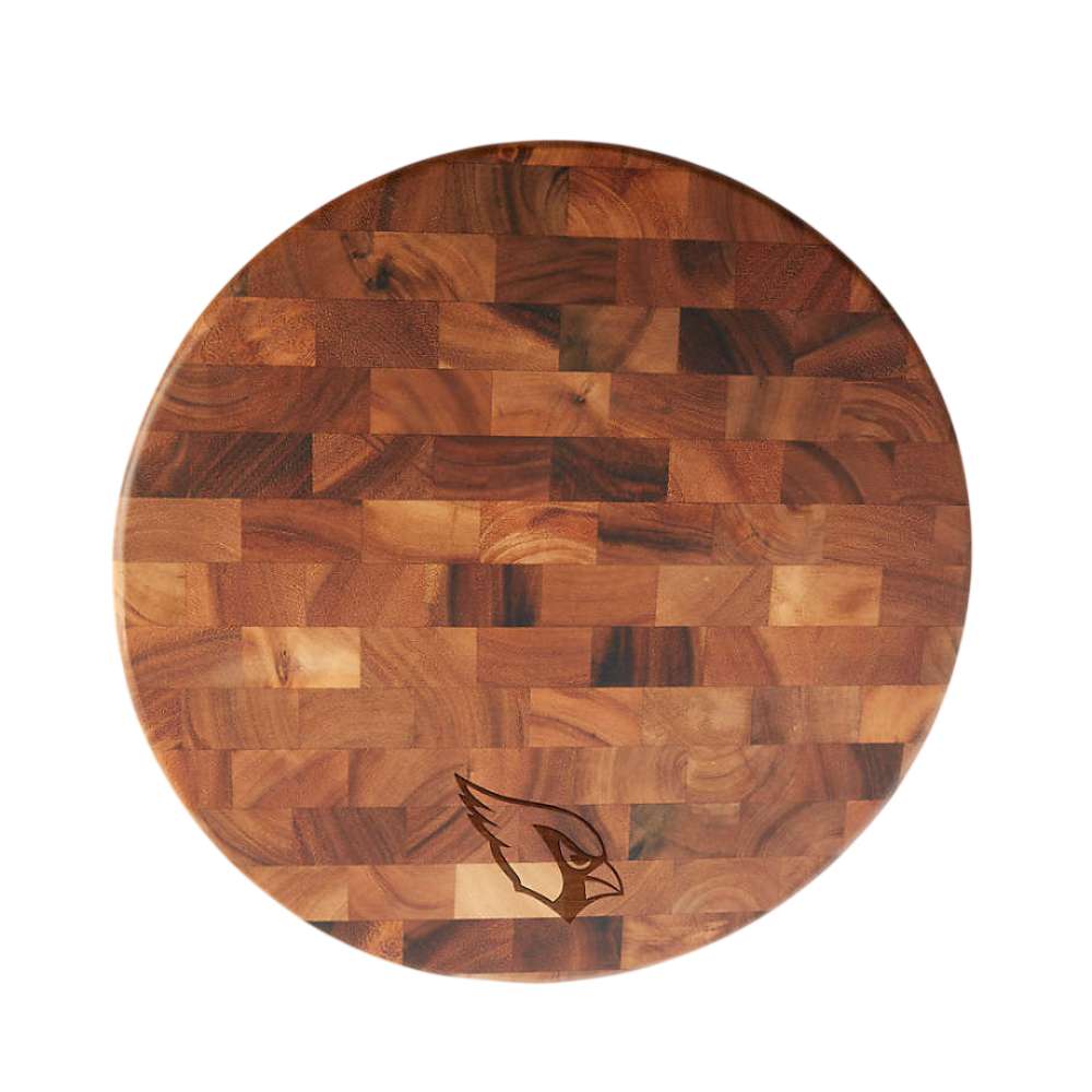 Arizona Cardinals Crate & Barrel NFL Round End Grain Cutting Board features a round wood-block design with the Cardinals logo near the bottom