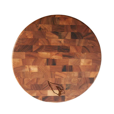 Arizona Cardinals Crate & Barrel NFL Round End Grain Cutting Board features a round wood-block design with the Cardinals logo near the bottom