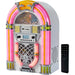 Arkrocket Athena Mini Jukebox Tabletop CD Player Bluetooth Speaker (PinkWhite) is pictured alongside a remote control