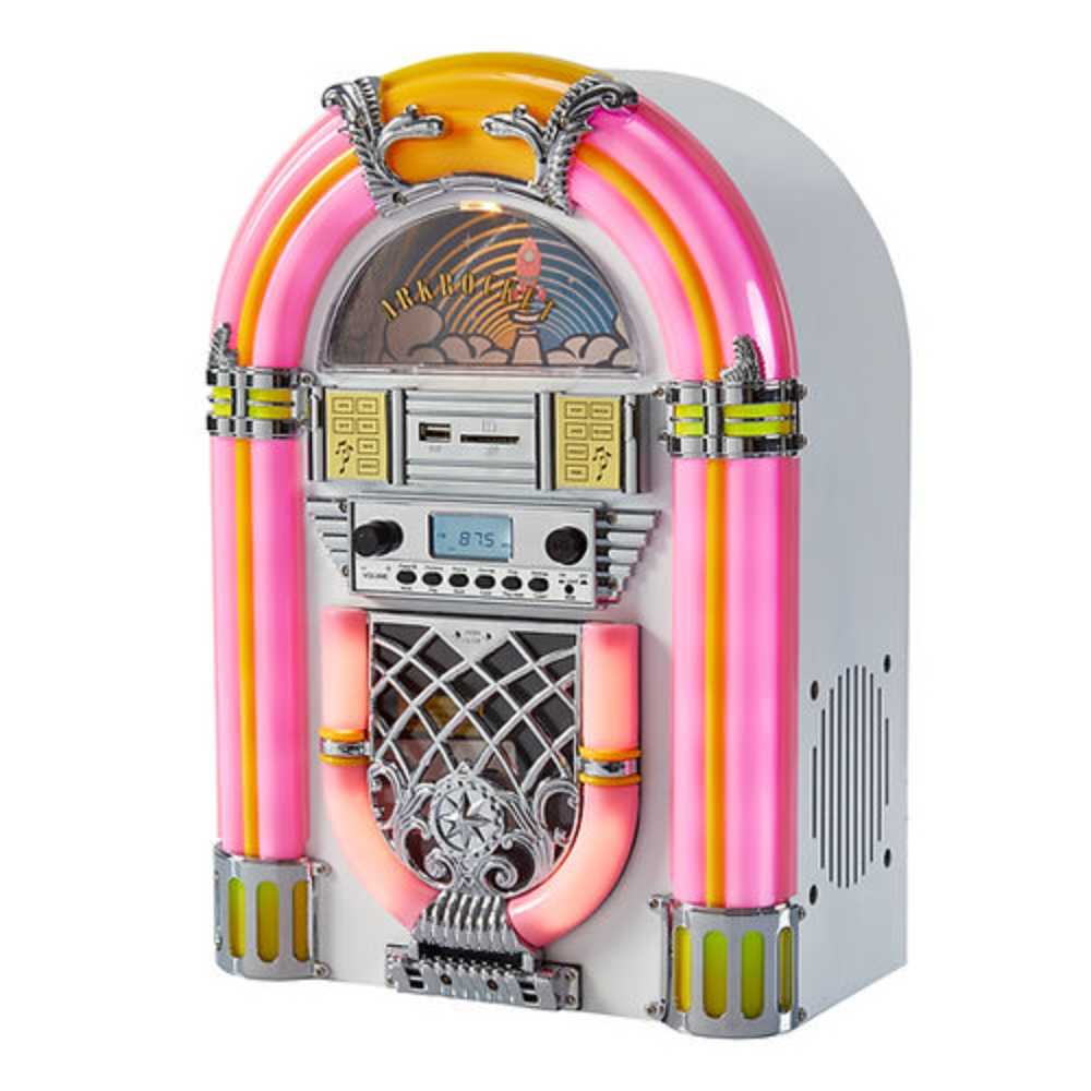 Arkrocket Athena Mini Jukebox Tabletop CD Player Bluetooth Speaker (PinkWhite) is shown from a side angle