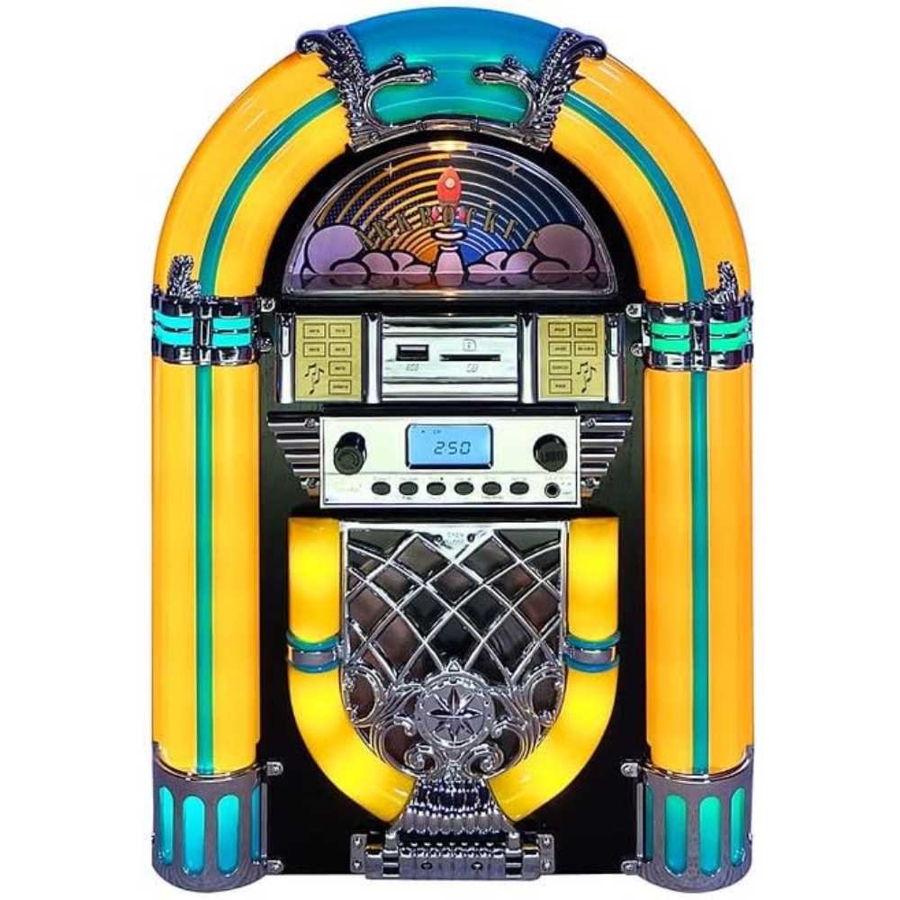 Arkrocket Athena Mini Jukebox Tabletop CD Player Bluetooth Speaker (YellowBlack) is a front-facing view of the jukebox’s detailed craftsmanship