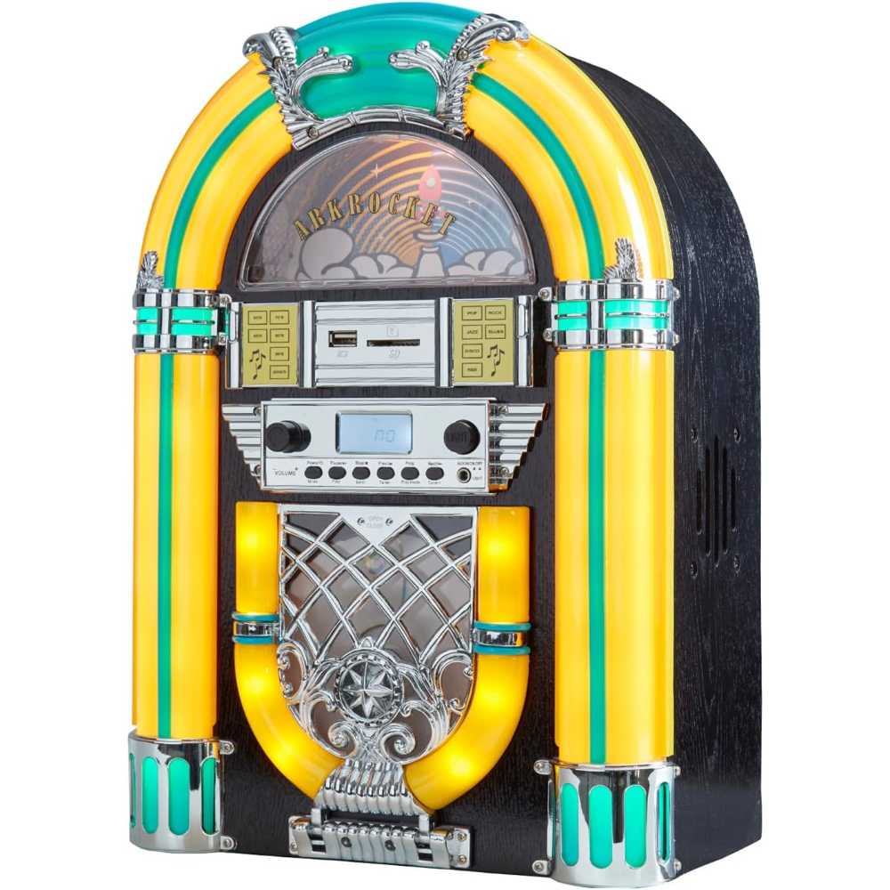 Arkrocket Athena Mini Jukebox Tabletop CD Player Bluetooth Speaker (YellowBlack) showcases its retro aesthetic with colorful columns and a bold black-and-yellow structure