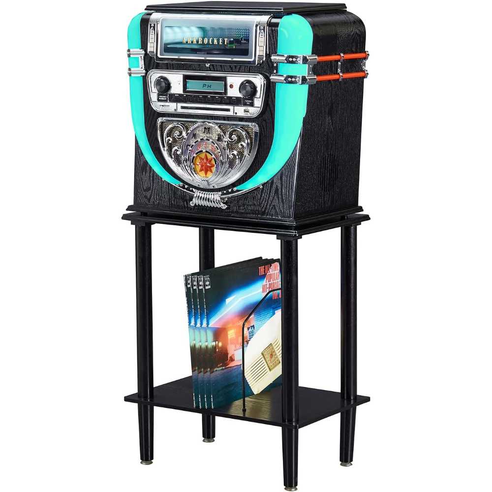 Arkrocket Boston Tabletop Jukebox Record Player Entertainment System with Stand is featured from an angle