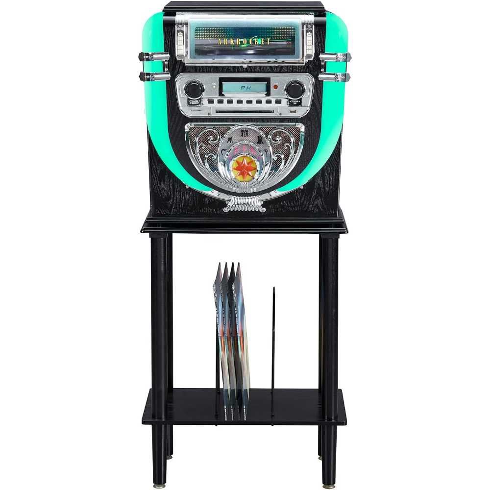 Arkrocket Boston Tabletop Jukebox Record Player Entertainment System with Stand is shown front-facing