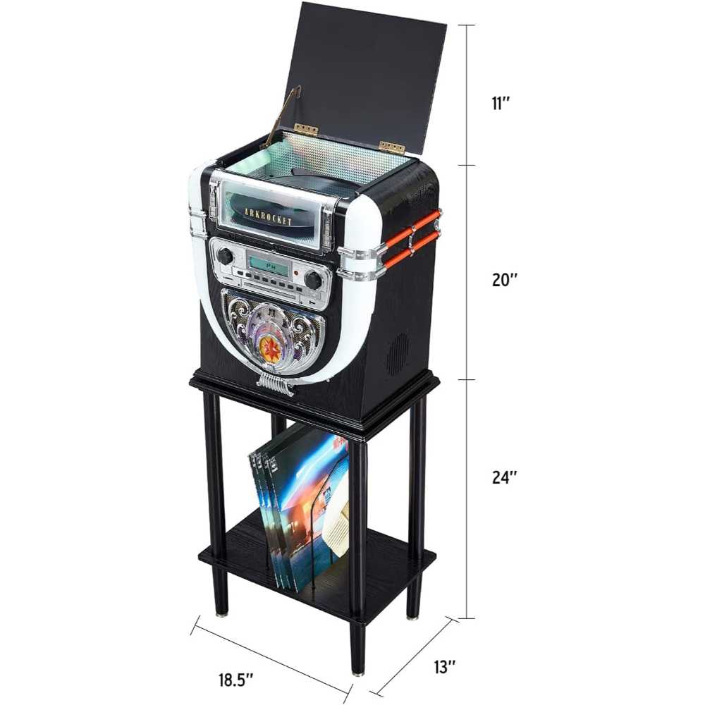 Arkrocket Boston Tabletop Jukebox Record Player Entertainment System with Stand is shown with dimensions