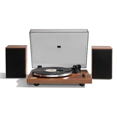 Arkrocket Cassini Bluetooth Vinyl Turntable Record Player 40 Watt Stereo Bookshelf Speakers is displayed with a vinyl spinning on the turntable flanked by two wooden speakers