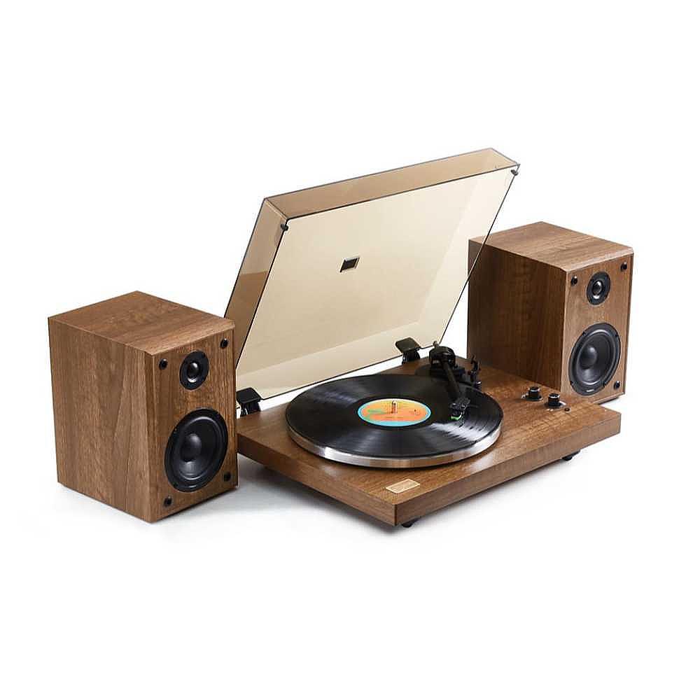 Arkrocket Cassini Bluetooth Vinyl Turntable Record Player 40 Watt Stereo Bookshelf Speakers is seen playing a vinyl record with two wooden speakers