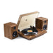 Arkrocket Cassini Bluetooth Vinyl Turntable Record Player 40 Watt Stereo Bookshelf Speakers is seen playing a vinyl record with two wooden speakers