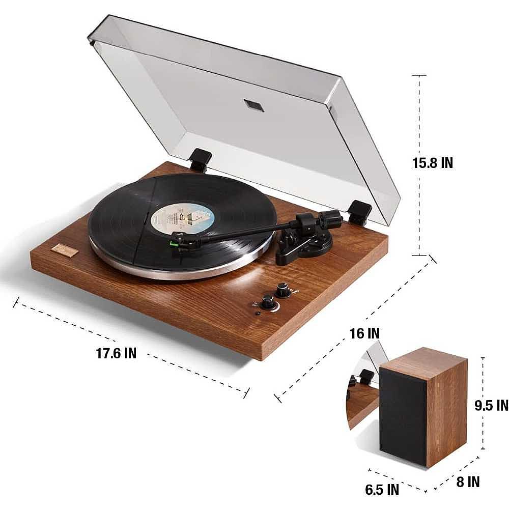 Arkrocket Cassini Bluetooth Vinyl Turntable Record Player 40 Watt Stereo Bookshelf Speakers is shown with its dimensions