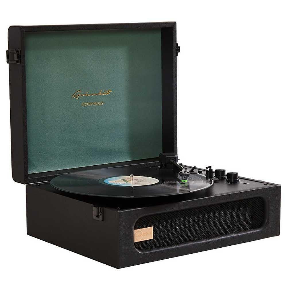 Arkrocket Coryphaeus Bluetooth Record Player with Record Storage Case (BlackGreen) is open with a vinyl record on the turntable and its gold logo visible on the inside lid