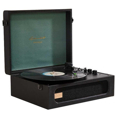 Arkrocket Coryphaeus Bluetooth Record Player with Record Storage Case (BlackGreen) is open with a vinyl record on the turntable and its gold logo visible on the inside lid