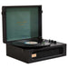 Arkrocket Coryphaeus Bluetooth Record Player with Record Storage Case (BlackGreen) is open with a vinyl record on the turntable and its gold logo visible on the inside lid