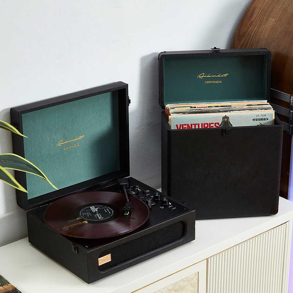 Arkrocket Coryphaeus Bluetooth Record Player with Record Storage Case (BlackGreen) is shown alongside the storage case filled with vinyl records