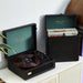 Arkrocket Coryphaeus Bluetooth Record Player with Record Storage Case (BlackGreen) is shown alongside the storage case filled with vinyl records