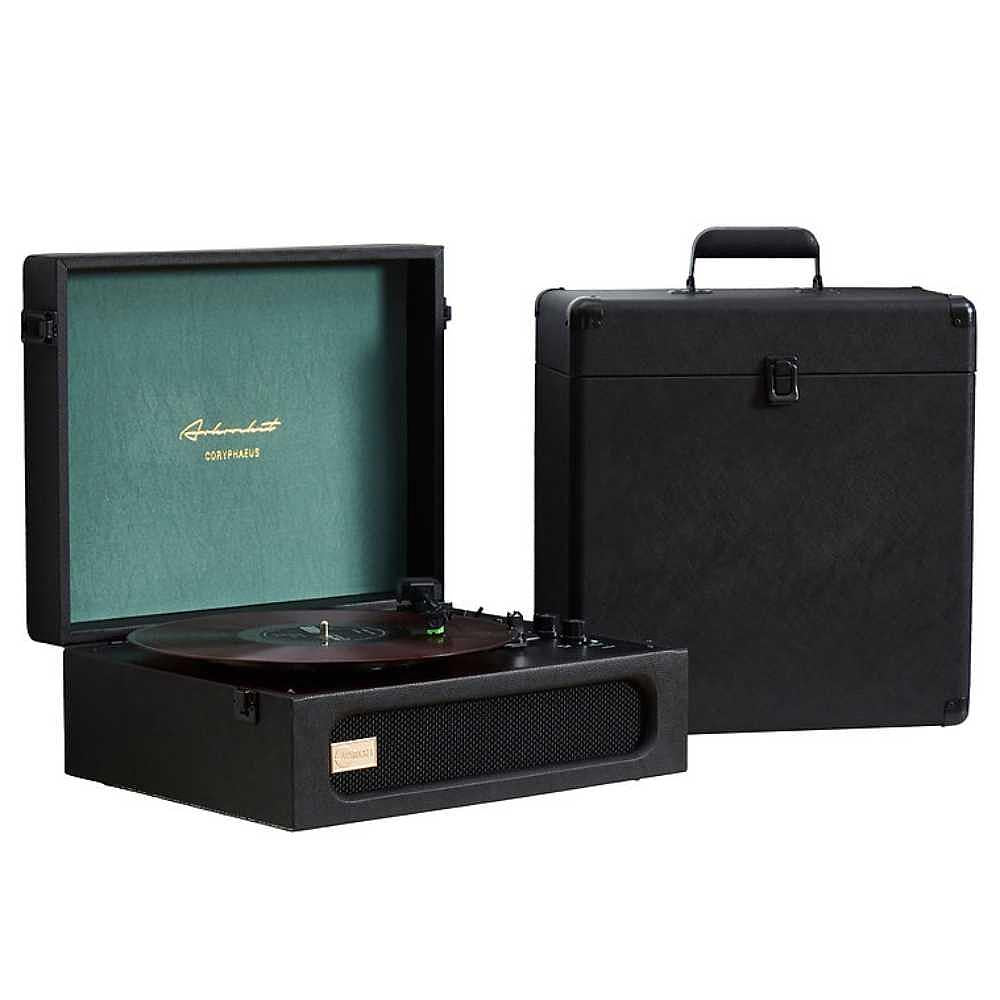 Arkrocket Coryphaeus Bluetooth Record Player with Record Storage Case (BlackGreen) is shown open, with a vinyl record playing and the matching storage case next to it