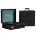 Arkrocket Coryphaeus Bluetooth Record Player with Record Storage Case (BlackGreen) is shown open, with a vinyl record playing and the matching storage case next to it