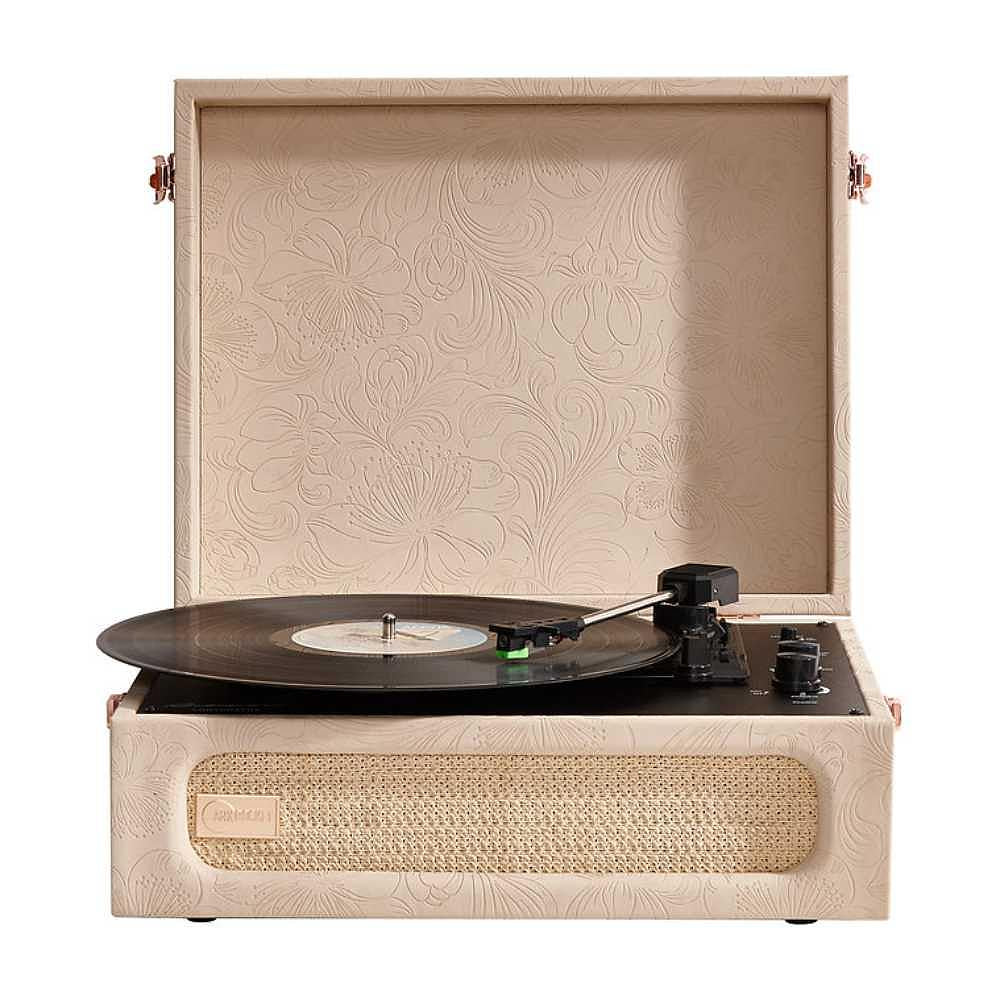 Arkrocket Coryphaeus Bluetooth Turntable Deluxe Edition Record Player (Flora Engraved) with an open lid and a black vinyl record spinning on its platter