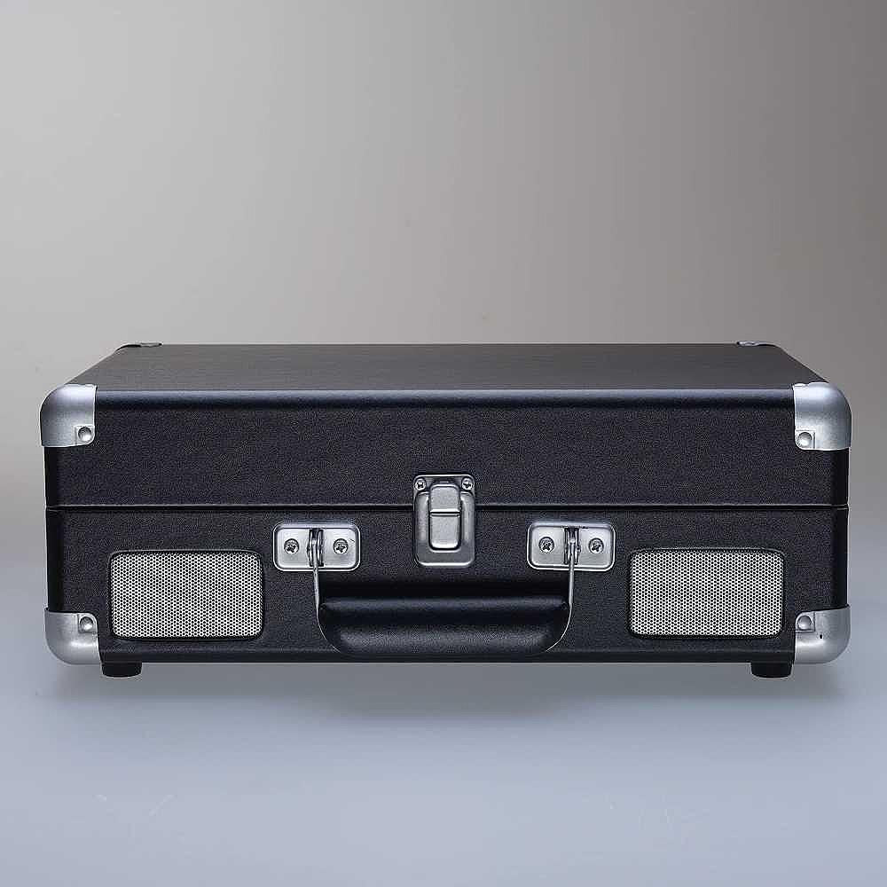 Arkrocket Curiosity Suitcase Bluetooth Turntable (BlackRed) is closed, showing the front with a black suitcase handle and speaker grills