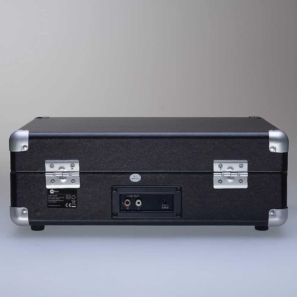 Arkrocket Curiosity Suitcase Bluetooth Turntable (BlackRed) is closed and viewed from the back, revealing its connection ports and silver hinges