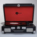 Arkrocket Curiosity Suitcase Bluetooth Turntable (BlackRed) is open, featuring a sleek black suitcase with built-in speakers and a vinyl spinning on the platter