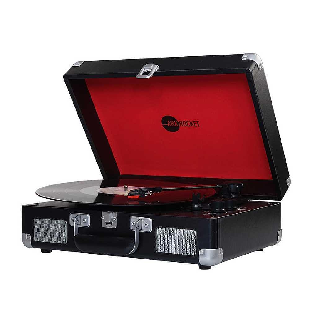 Arkrocket Curiosity Suitcase Bluetooth Turntable (BlackRed) is pictured from a side angle, with the red lid open and a vinyl record placed on the turntable