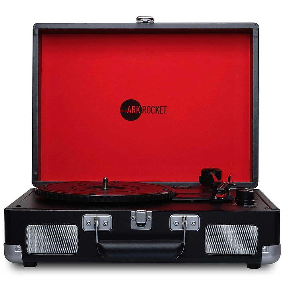 Arkrocket Curiosity Suitcase Bluetooth Turntable (BlackRed) is shown open with a red interior and black exterior displaying the logo on the inside lid