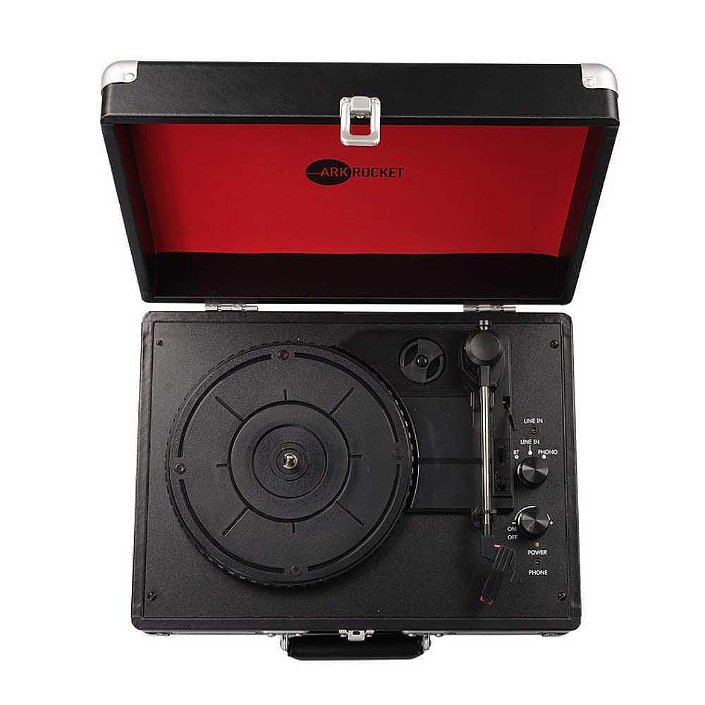 Arkrocket Curiosity Suitcase Bluetooth Turntable (BlackRed) is viewed from above, showing the turntable's platter and control knobs with a red lid