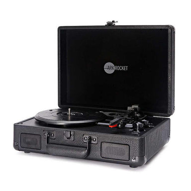 Arkrocket Curiosity Suitcase Bluetooth Turntable (Black) in an open position