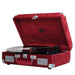 Arkrocket Curiosity Suitcase Bluetooth Turntable (Burgundy Velvet) is displayed with its lid open, showcasing a vinyl record on the turntable
