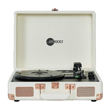 Arkrocket Curiosity Suitcase Bluetooth Turntable (Cream Rose Gold) from the front, highlighting the open lid and turntable mechanism