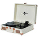 Arkrocket Curiosity Suitcase Bluetooth Turntable (Cream Rose Gold) in an open position with the turntable exposed