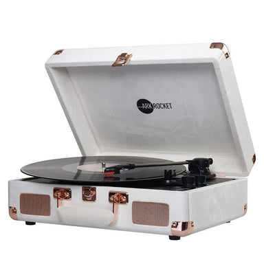 Arkrocket Curiosity Suitcase Bluetooth Turntable (Cream Velvet) is shown with its lid open and a record spinning