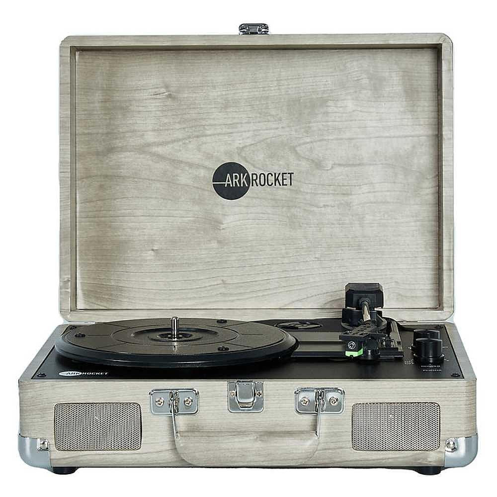 Arkrocket Curiosity Suitcase Bluetooth Turntable (Gray Wood Grain) is opened revealing its sleek black turntable inside a light gray wood grain case