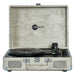 Arkrocket Curiosity Suitcase Bluetooth Turntable (Gray Wood Grain) is opened revealing its sleek black turntable inside a light gray wood grain case