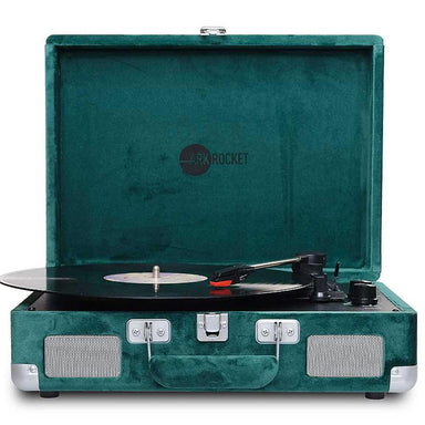 Arkrocket Curiosity Suitcase Bluetooth Turntable (Green Velvet) is shown open with a record spinning,