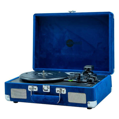 Arkrocket Curiosity Suitcase Bluetooth Turntable (Klein Blue) is shown open