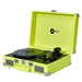 Arkrocket Curiosity Suitcase Bluetooth Turntable (Neon Yellow), partially open, reveals its turntable and tonearm neatly in place