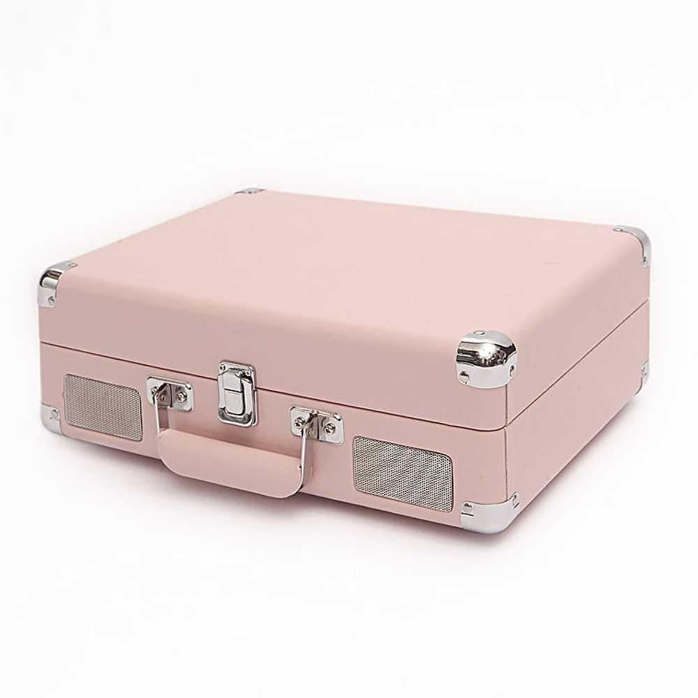 Arkrocket Curiosity Suitcase Bluetooth Turntable (Pale Pink) closed, with silver metal corners and handle