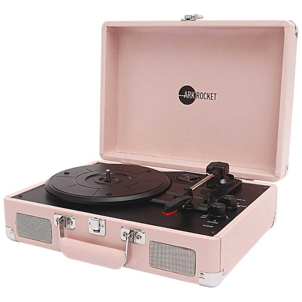 Arkrocket Curiosity Suitcase Bluetooth Turntable (Pale Pink) with its lid open showing the black turntable surface and control knobs