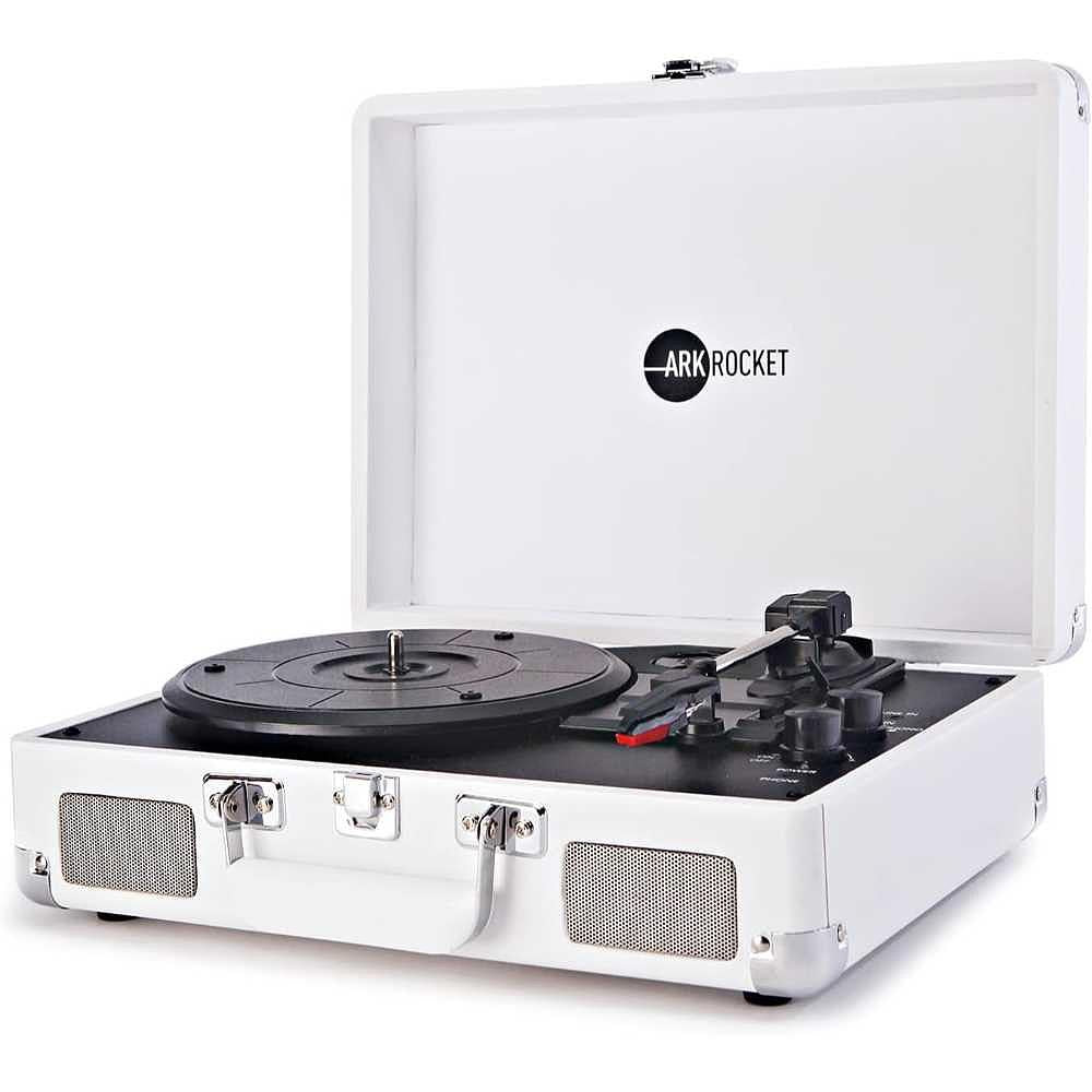 Arkrocket Curiosity Suitcase Bluetooth Turntable (White) is displayed with its lid open, with no record on the platter